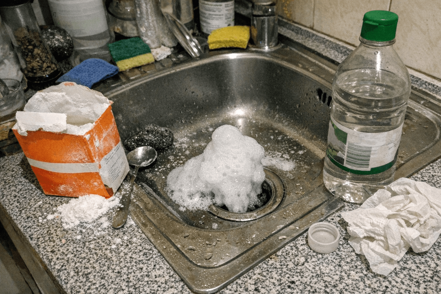 Hand gießt Natron in den Abfluss, daneben Essig und Messbecher