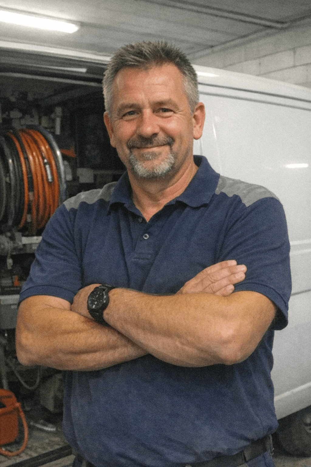 Teamleiter im Arbeitshemd steht vor einem Servicefahrzeug und hält eine Rohrkamera in der Hand