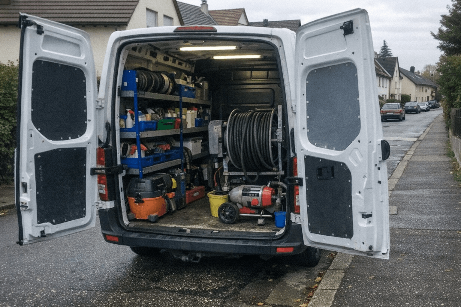Dienstfahrzeug vor Wohnhaus am Abend, Materialanlieferung läuft