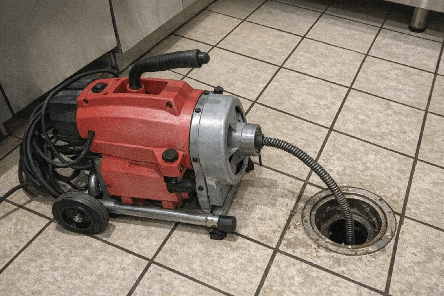 Rohrreinigungsmaschine mit Spirale vor Werkstattbereich