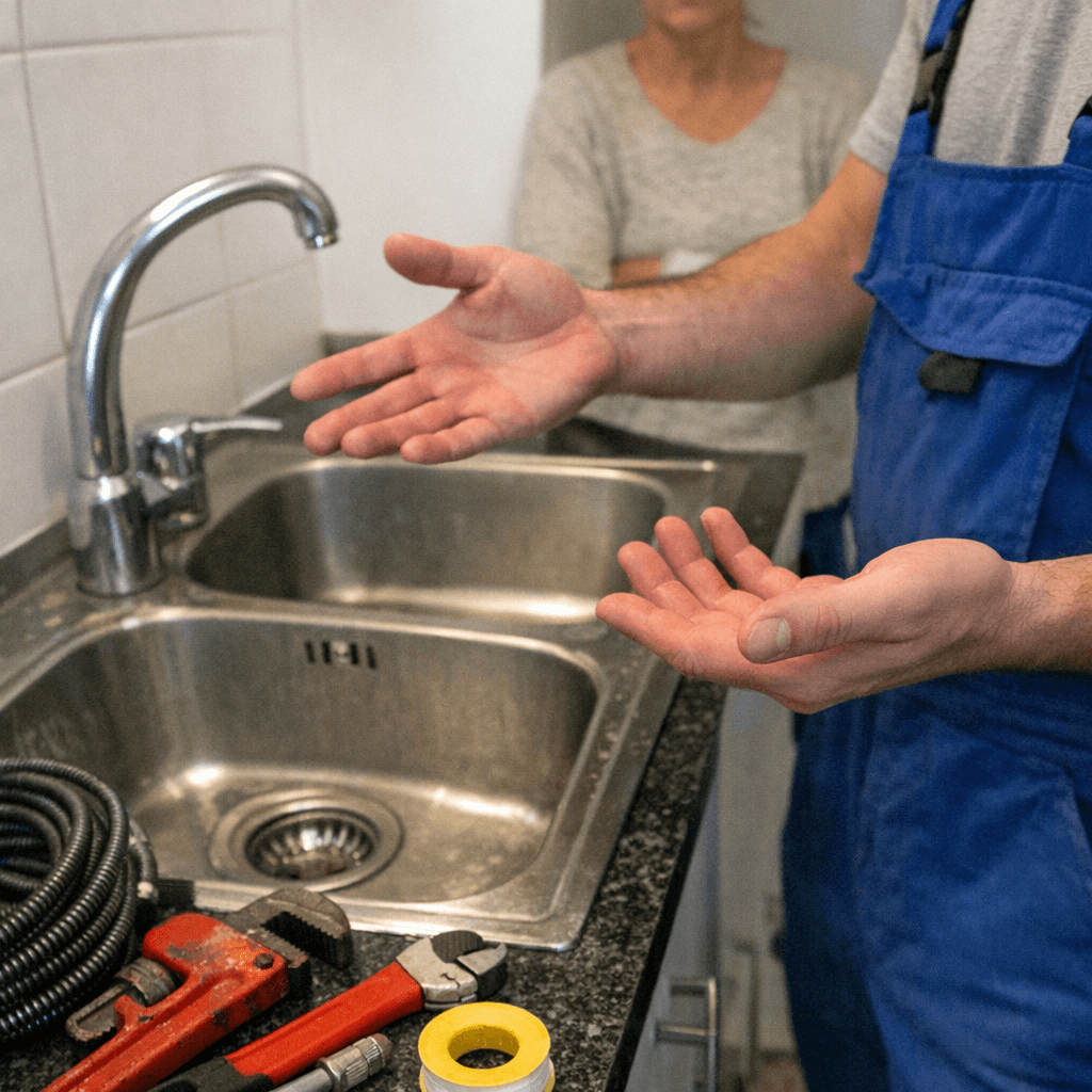 Monteur in Arbeitskleidung prüft unter der Spüle den Siphon mit Taschenlampe, daneben liegt eine Spirale auf einer Abdeckfolie