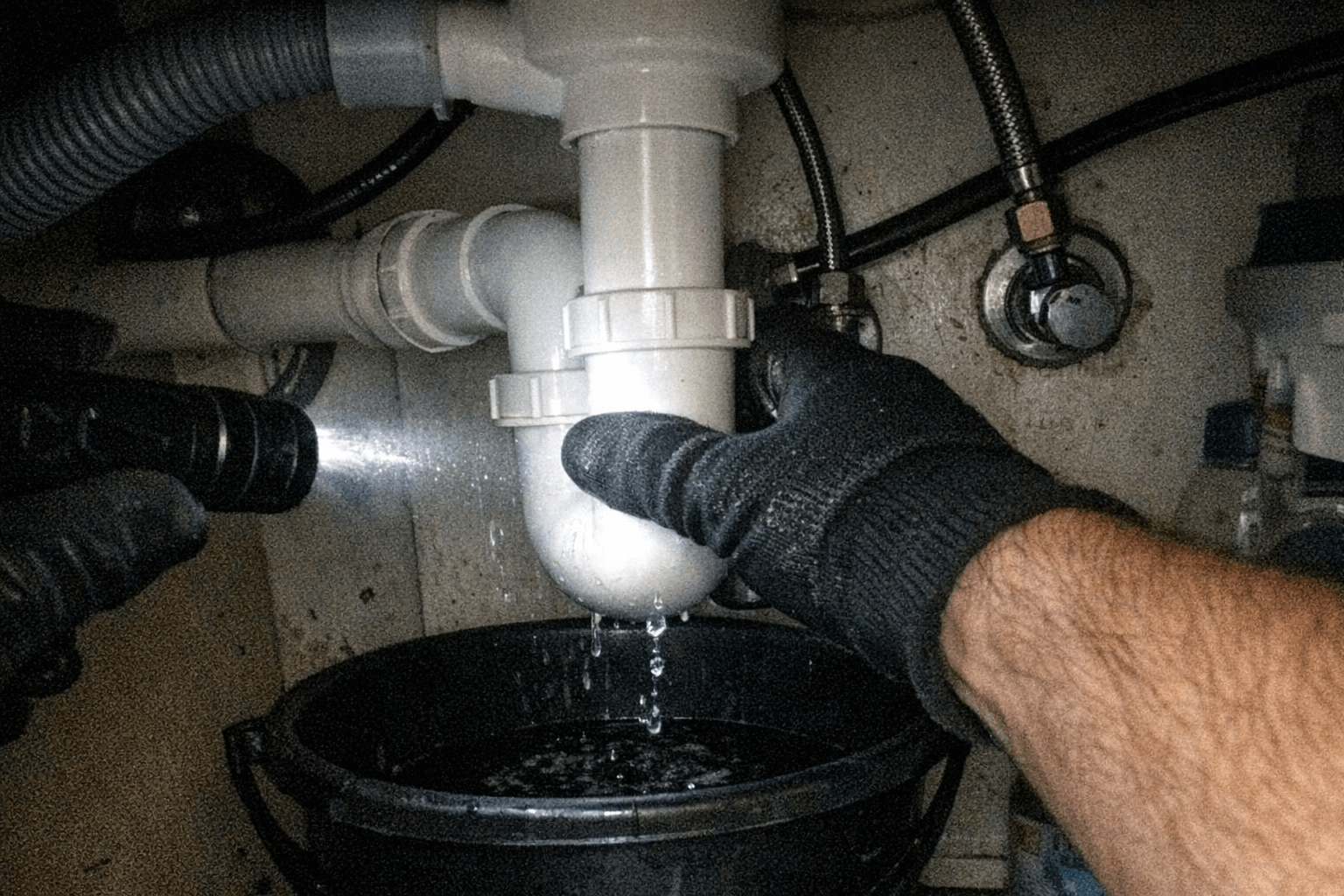 Sanitärfachkraft setzt einen neuen Dichtungsring ein und richtet den Siphon unter der Spüle aus